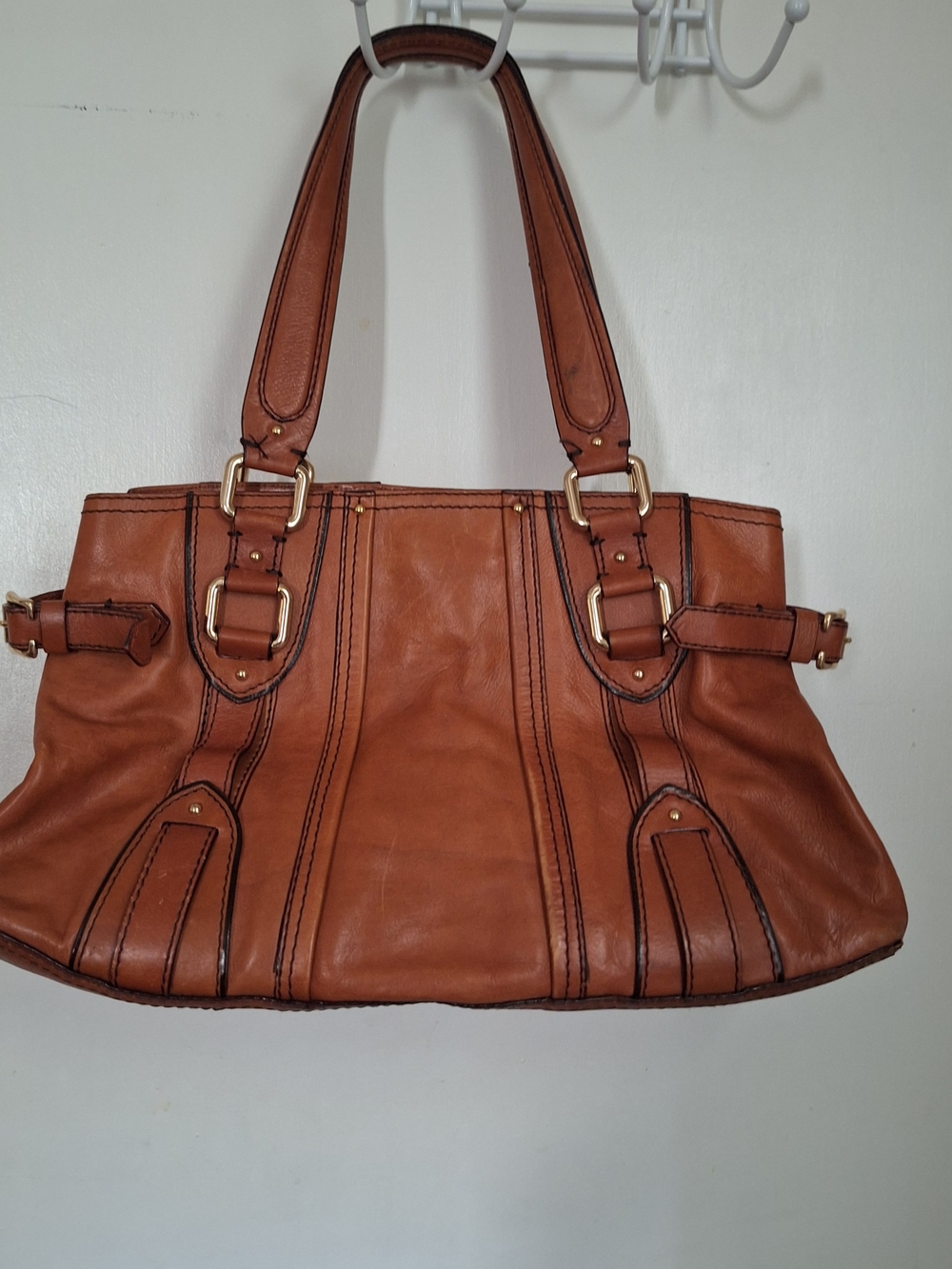 ANTONIO MELANI Cognac Brown Leather Shoulder Bag with Gold Hardware